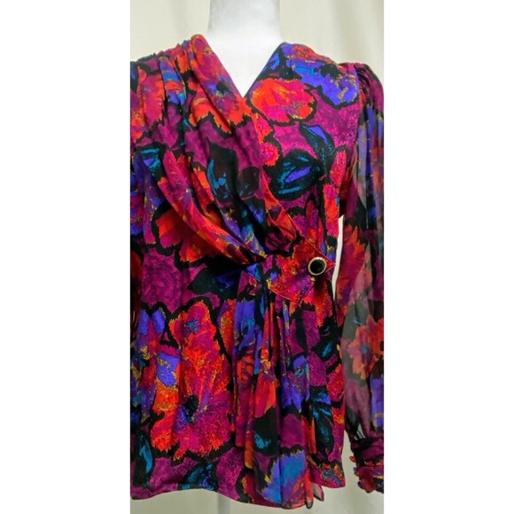 Vintage Adrianna Papell Size 6 100% Silk Surplice Floral Pleated Evening Blouse - Picture 6 of 8
